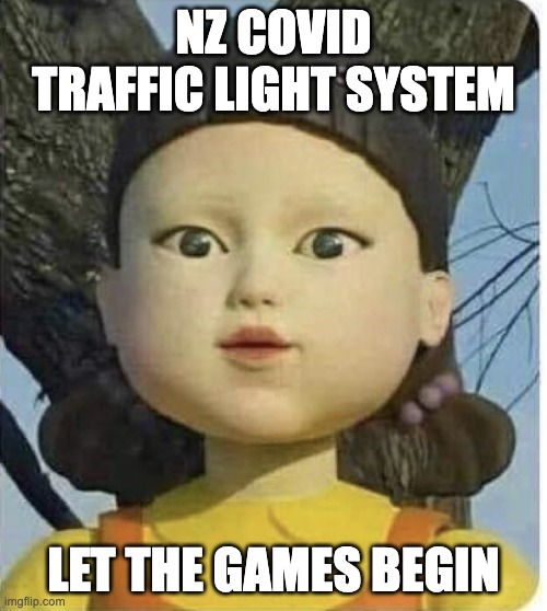 NZ Covid Plan | NZ COVID TRAFFIC LIGHT SYSTEM; LET THE GAMES BEGIN | image tagged in squid games green light red light | made w/ Imgflip meme maker