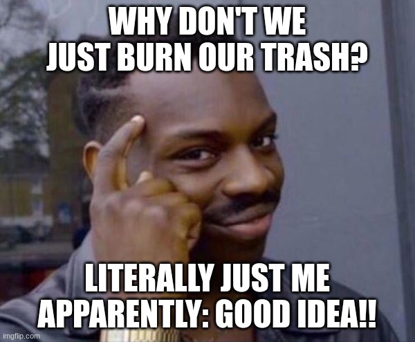 This is a good idea, why don't we do THAT? | WHY DON'T WE JUST BURN OUR TRASH? LITERALLY JUST ME APPARENTLY: GOOD IDEA!! | image tagged in thinker good idea | made w/ Imgflip meme maker
