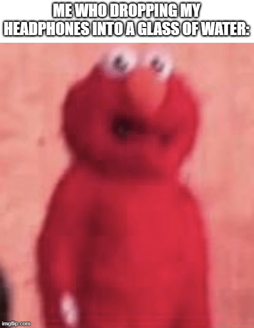 uh oh let's see if they still work | ME WHO DROPPING MY HEADPHONES INTO A GLASS OF WATER: | image tagged in scared elmo | made w/ Imgflip meme maker