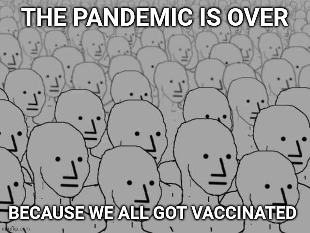 Boop Beep | THE PANDEMIC IS OVER; BECAUSE WE ALL GOT VACCINATED | image tagged in npc crowd,pandemic,covid,vaccination,vaccine | made w/ Imgflip meme maker