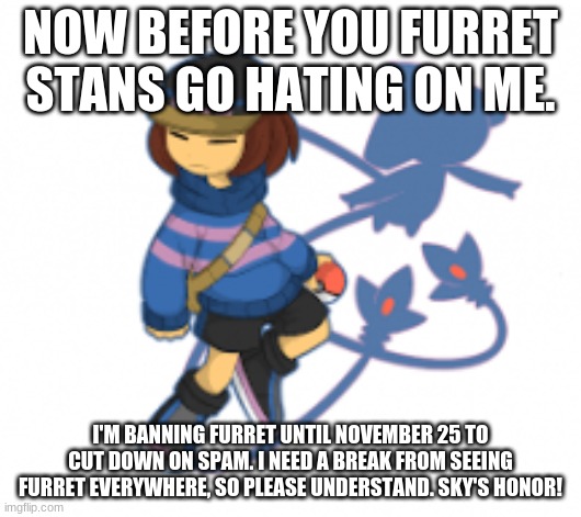 Just, please. | NOW BEFORE YOU FURRET STANS GO HATING ON ME. I'M BANNING FURRET UNTIL NOVEMBER 25 TO CUT DOWN ON SPAM. I NEED A BREAK FROM SEEING FURRET EVERYWHERE, SO PLEASE UNDERSTAND. SKY'S HONOR! | made w/ Imgflip meme maker