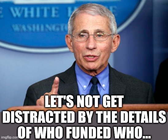 Dr. Fauci | LET'S NOT GET DISTRACTED BY THE DETAILS OF WHO FUNDED WHO... | image tagged in dr fauci | made w/ Imgflip meme maker