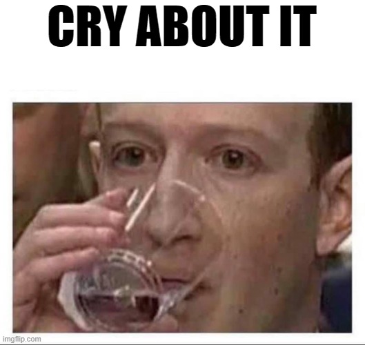 Mark Zuckerberg drinking water | CRY ABOUT IT | image tagged in mark zuckerberg drinking water | made w/ Imgflip meme maker