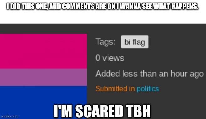 Guys, i'm scared | I DID THIS ONE, AND COMMENTS ARE ON I WANNA SEE WHAT HAPPENS. I'M SCARED TBH | image tagged in bi flag,hehhehe | made w/ Imgflip meme maker