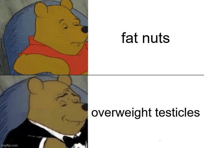 Tuxedo Winnie The Pooh | fat nuts; overweight testicles | image tagged in memes,tuxedo winnie the pooh | made w/ Imgflip meme maker