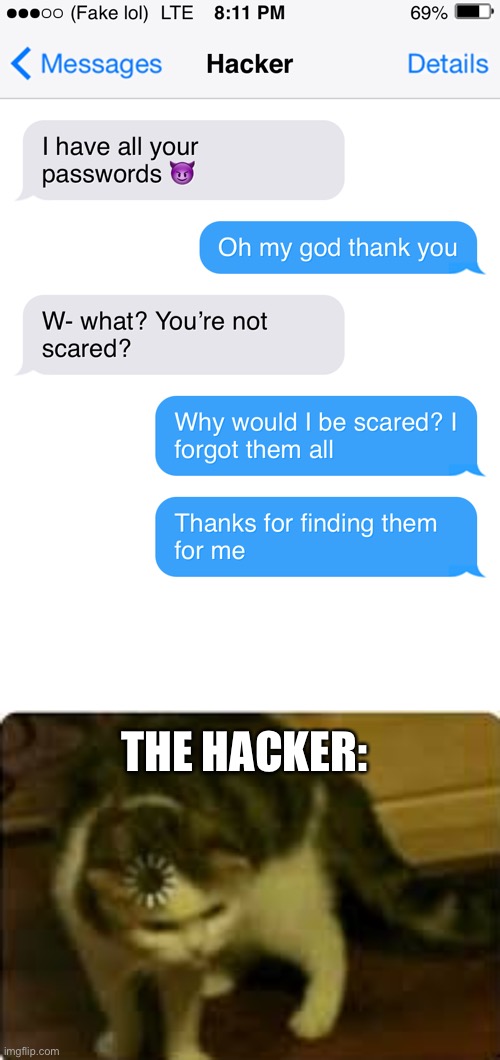 It’s fake but at the same time funny in a way |  THE HACKER: | image tagged in buffering cat | made w/ Imgflip meme maker