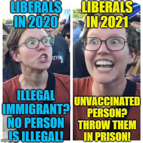 Liberal Hypocrisy | LIBERALS IN 2020; LIBERALS IN 2021; UNVACCINATED PERSON? THROW THEM IN PRISON! ILLEGAL IMMIGRANT?
NO PERSON IS ILLEGAL! | image tagged in social justice warrior hypocrisy,political meme,covid vaccine,illegal immigration,stupid liberals | made w/ Imgflip meme maker