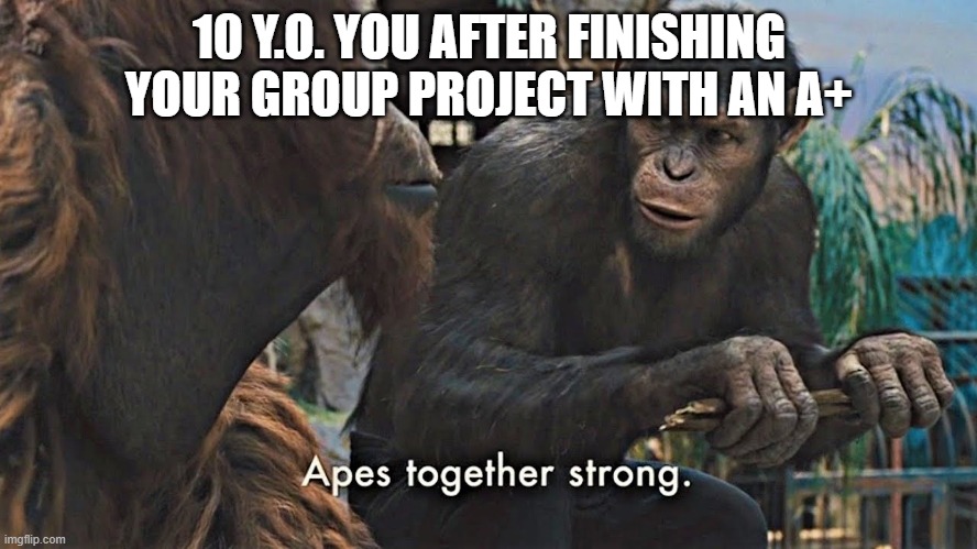 sorry they cant think of a name for this meme | 10 Y.O. YOU AFTER FINISHING YOUR GROUP PROJECT WITH AN A+ | image tagged in ape together strong | made w/ Imgflip meme maker