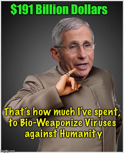 This Rat Ba$tard is a walking Lying Machine - HE is a BioWeapon | $191 Billion Dollars; That’s how much I’ve spent, 
to Bio-Weaponize Viruses 
against Humanity | image tagged in dr evil fauci,evil man,gain of function is the least of it,bioweapon creating machine | made w/ Imgflip meme maker