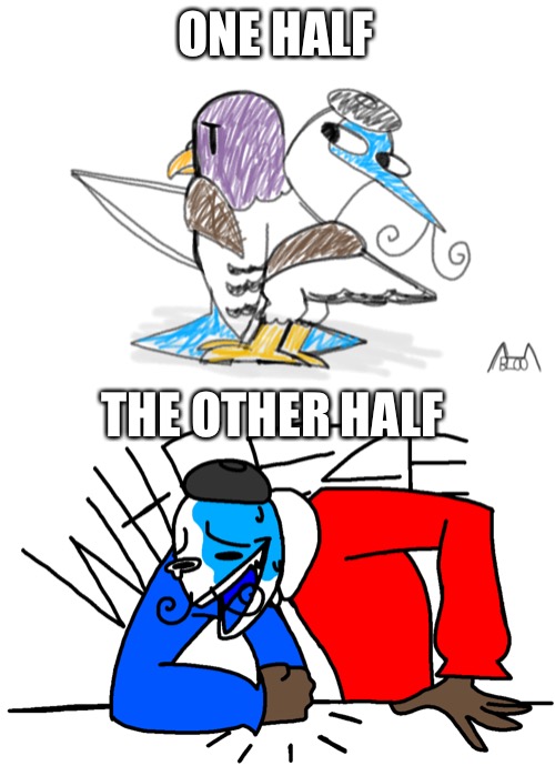 ONE HALF; THE OTHER HALF | image tagged in bluefoot hugs a pigeon,wheezing bluefoot | made w/ Imgflip meme maker