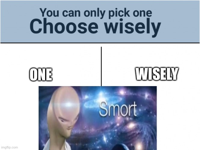 Pick one Choose wisely | ONE; WISELY | image tagged in you can pick only one choose wisely,memes,lol,meme man smort | made w/ Imgflip meme maker