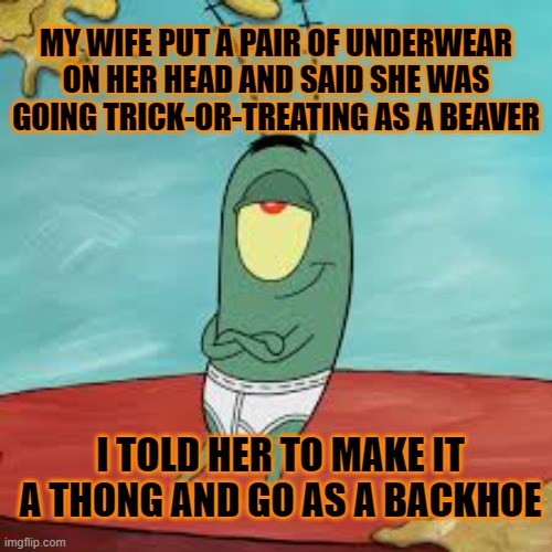 Happy Halloween | MY WIFE PUT A PAIR OF UNDERWEAR ON HER HEAD AND SAID SHE WAS GOING TRICK-OR-TREATING AS A BEAVER; I TOLD HER TO MAKE IT A THONG AND GO AS A BACKHOE | image tagged in plankton in his underwear,memes,funny memes,funny | made w/ Imgflip meme maker