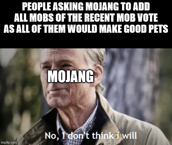 Just why Mojang, just why | PEOPLE ASKING MOJANG TO ADD ALL MOBS OF THE RECENT MOB VOTE AS ALL OF THEM WOULD MAKE GOOD PETS; MOJANG | image tagged in no i dont think i will | made w/ Imgflip meme maker