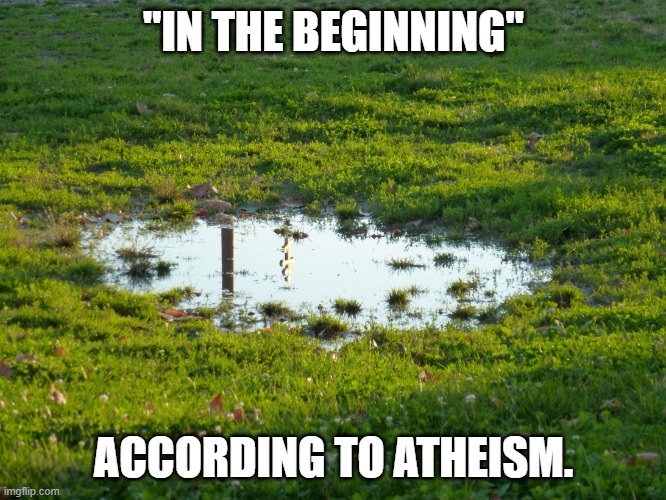 puddle-flood |  "IN THE BEGINNING"; ACCORDING TO ATHEISM. | image tagged in puddle-flood | made w/ Imgflip meme maker