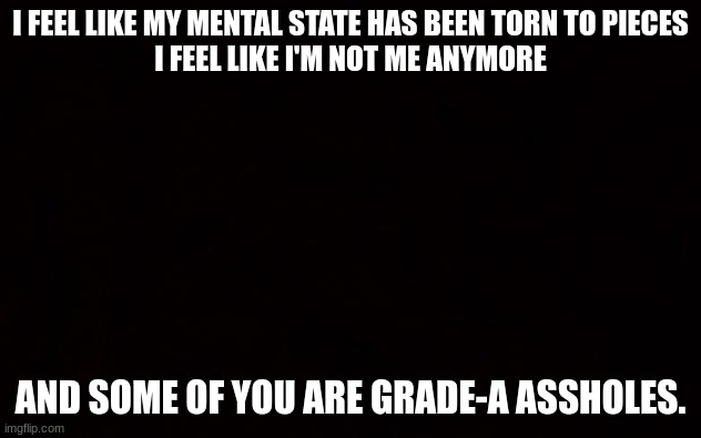 Wide black blank meme template | I FEEL LIKE MY MENTAL STATE HAS BEEN TORN TO PIECES
I FEEL LIKE I'M NOT ME ANYMORE; AND SOME OF YOU ARE GRADE-A ASSHOLES. | image tagged in wide black blank meme template | made w/ Imgflip meme maker