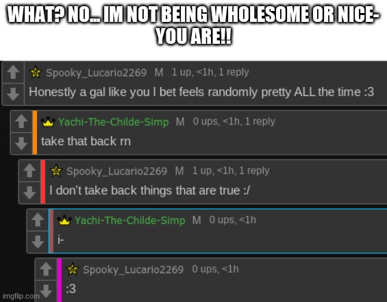 Its not flirting- its friendly complements :3 | WHAT? NO... IM NOT BEING WHOLESOME OR NICE-
YOU ARE!! | made w/ Imgflip meme maker
