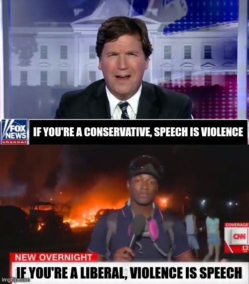 They want equity, but they want more equity than they're willing to give you. | IF YOU'RE A CONSERVATIVE, SPEECH IS VIOLENCE; IF YOU'RE A LIBERAL, VIOLENCE IS SPEECH | image tagged in tucker carlson,fiery but mostly peaceful | made w/ Imgflip meme maker