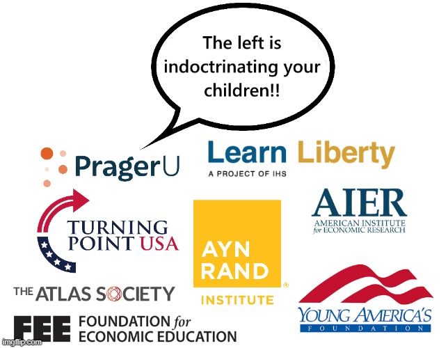 Right-wing propaganda outlets | image tagged in propaganda,conservative hypocrisy,conservative logic,indoctrination,prageru,socialism | made w/ Imgflip meme maker