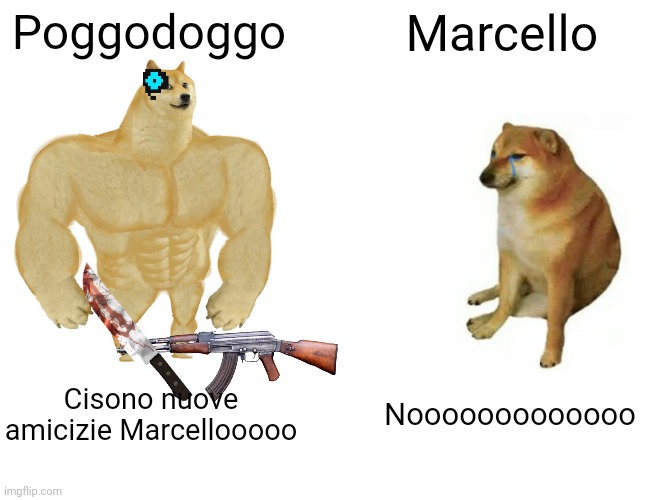 Buff Doge vs. Cheems | Poggodoggo; Marcello; Cisono nuove amicizie Marcellooooo; Nooooooooooooo | image tagged in memes,buff doge vs cheems | made w/ Imgflip meme maker