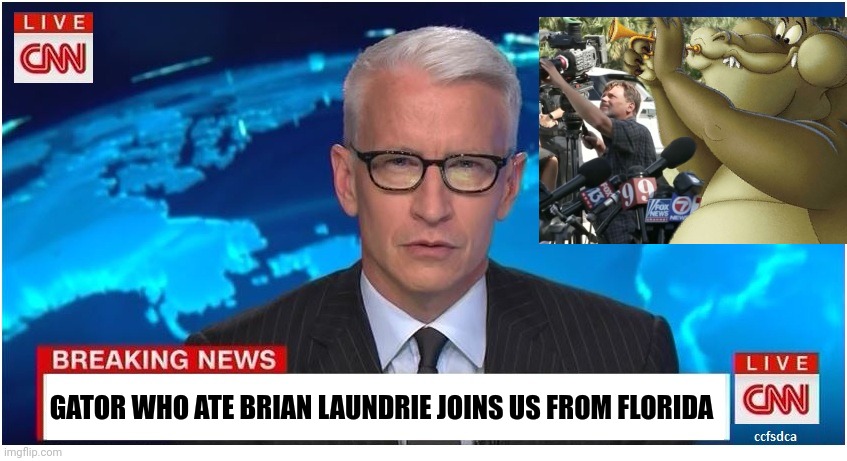 Laundrie Day | GATOR WHO ATE BRIAN LAUNDRIE JOINS US FROM FLORIDA | image tagged in cnn breaking news anderson cooper,brian laundrie,princess and the frog,funny,gator | made w/ Imgflip meme maker