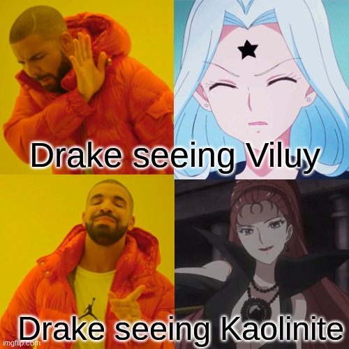 Drake judging Viluy and Kaolonite | Drake seeing Viluy; Drake seeing Kaolinite | image tagged in sailor moon,drake hotline bling | made w/ Imgflip meme maker
