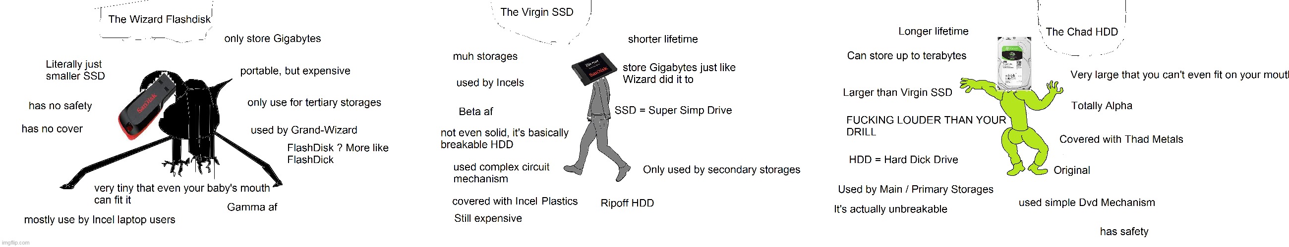 The Wizard FlashDisk Vs The Virgin SSD Vs The Chad HDD | image tagged in dick,storage,virgin vs chad,repost,virgin and chad,wizard | made w/ Imgflip meme maker