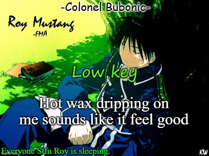 Roy nap ^^ | Low key; Hot wax dripping on me sounds like it feel good | image tagged in roy nap | made w/ Imgflip meme maker