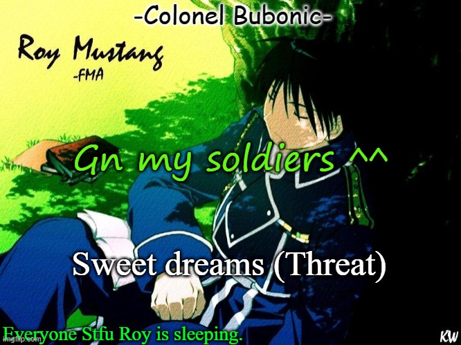 I hope I dream about Roy ^^ | Gn my soldiers ^^; Sweet dreams (Threat) | image tagged in roy nap | made w/ Imgflip meme maker