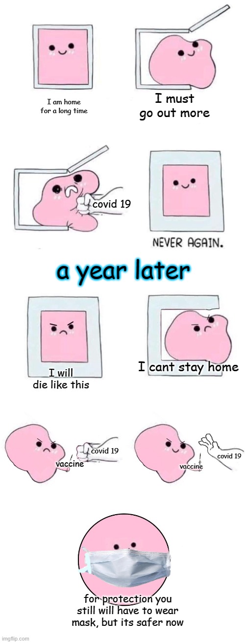 Pink blob in a box with more panels | I must go out more; I am home for a long time; covid 19; a year later; I will die like this; I cant stay home; covid 19; covid 19; vaccine; vaccine; for protection you still will have to wear mask, but its safer now | image tagged in pink blob in a box with more panels | made w/ Imgflip meme maker