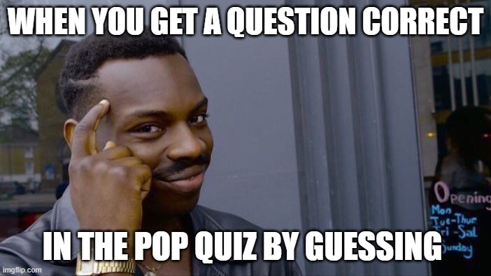 pop quiz luck | WHEN YOU GET A QUESTION CORRECT; IN THE POP QUIZ BY GUESSING | image tagged in memes,roll safe think about it | made w/ Imgflip meme maker