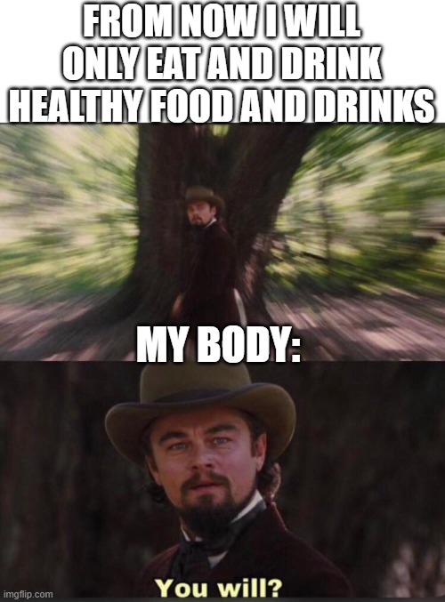 Meme | FROM NOW I WILL ONLY EAT AND DRINK HEALTHY FOOD AND DRINKS; MY BODY: | image tagged in you will leonardo django | made w/ Imgflip meme maker