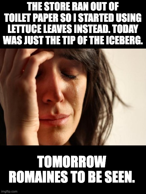 TP | THE STORE RAN OUT OF TOILET PAPER SO I STARTED USING LETTUCE LEAVES INSTEAD. TODAY WAS JUST THE TIP OF THE ICEBERG. TOMORROW ROMAINES TO BE SEEN. | image tagged in memes,first world problems | made w/ Imgflip meme maker