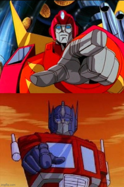 both pointing | image tagged in optimus prime,rodimus prime,transformers | made w/ Imgflip meme maker