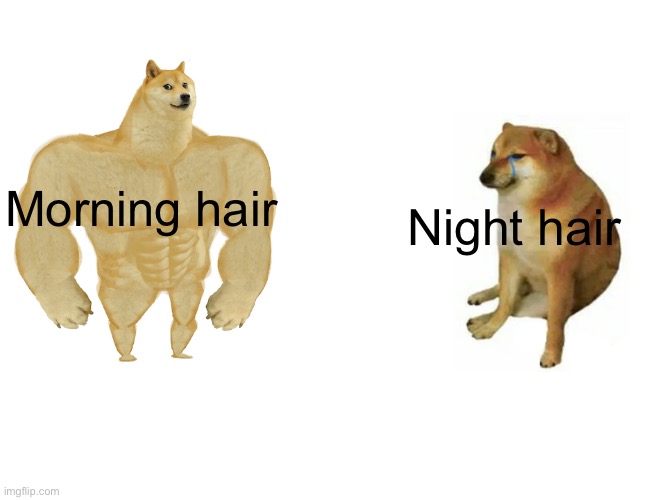 Buff Doge vs. Cheems Meme | Morning hair; Night hair | image tagged in memes,buff doge vs cheems | made w/ Imgflip meme maker