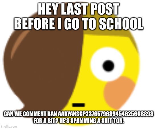 :Ceraflushed: | HEY LAST POST BEFORE I GO TO SCHOOL; CAN WE COMMENT BAN AARYANSCP2376579689454625668898 FOR A BIT? HE’S SPAMMING A SHIT TON. | image tagged in ceraflushed | made w/ Imgflip meme maker