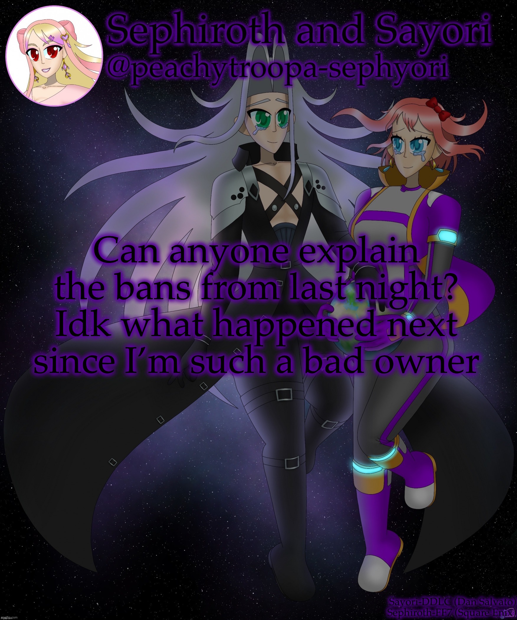 Sayori and Sephiroth | Can anyone explain the bans from last night? Idk what happened next since I’m such a bad owner | image tagged in sayori and sephiroth | made w/ Imgflip meme maker