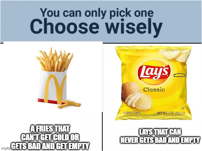 W H I C H | A FRIES THAT CAN'T GET COLD OR GETS BAD AND GET EMPTY; LAYS THAT CAN NEVER GETS BAD AND EMPTY | image tagged in you can pick only one choose wisely | made w/ Imgflip meme maker