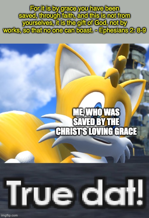 "True dat. God's grace is never-ending" | For it is by grace you have been saved, through faith, and this is not from yourselves, it is the gift of God, not by works, so that no one can boast. - Ephesians 2: 8-9; ME, WHO WAS SAVED BY THE CHRIST'S LOVING GRACE | image tagged in tails true dat sonic forces,christianity,christian | made w/ Imgflip meme maker