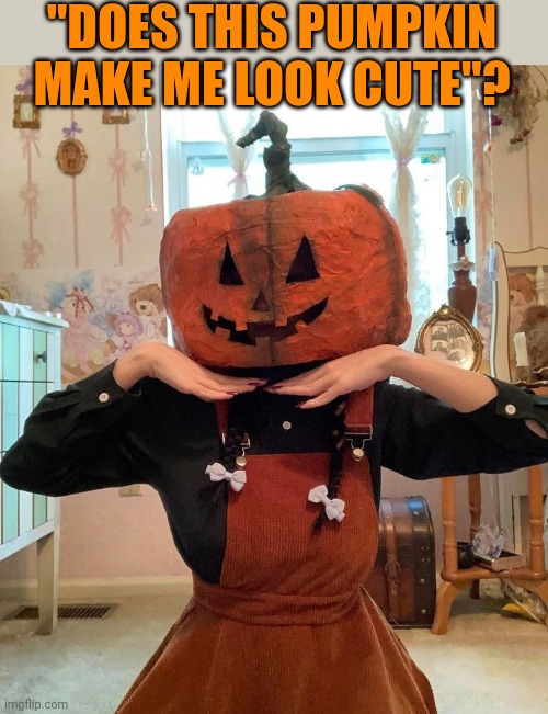 PUMPKIN HEAD | "DOES THIS PUMPKIN MAKE ME LOOK CUTE"? | image tagged in pumpkin,costume,spooktober,halloween,cosplay | made w/ Imgflip meme maker