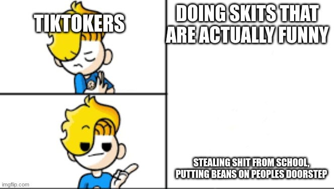 Tiktokers | TIKTOKERS; DOING SKITS THAT ARE ACTUALLY FUNNY; STEALING SHIT FROM SCHOOL, PUTTING BEANS ON PEOPLES DOORSTEP | image tagged in haminations hotline bling | made w/ Imgflip meme maker