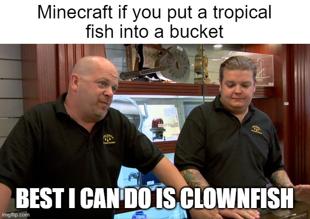 Bucket of Clown Fish |  Minecraft if you put a tropical
fish into a bucket; BEST I CAN DO IS CLOWNFISH | image tagged in pawn stars best i can do | made w/ Imgflip meme maker