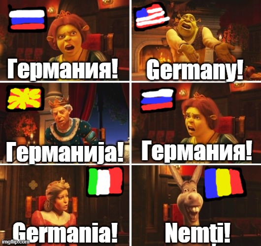 Romania be like | Германия! Germany! Германия! Германија! Nemți! Germania! | image tagged in shrek fiona harold donkey | made w/ Imgflip meme maker