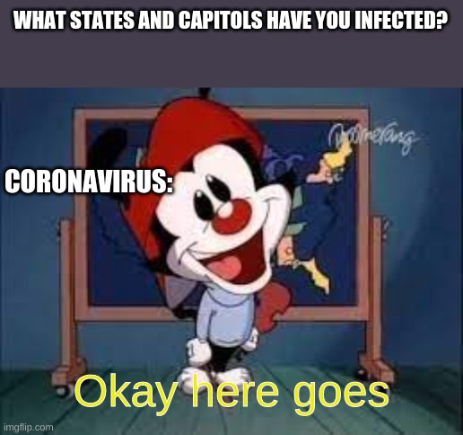  WHAT STATES AND CAPITOLS HAVE YOU INFECTED? CORONAVIRUS:; Okay here goes | made w/ Imgflip meme maker
