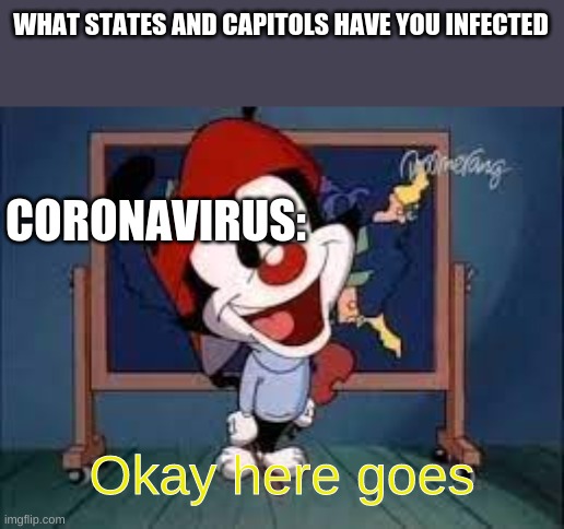 WHAT STATES AND CAPITOLS HAVE YOU INFECTED; CORONAVIRUS:; Okay here goes | made w/ Imgflip meme maker
