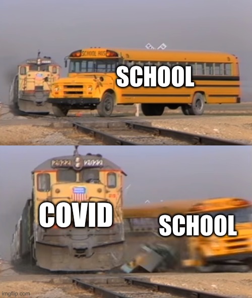 A train hitting a school bus | SCHOOL; COVID; SCHOOL | image tagged in a train hitting a school bus | made w/ Imgflip meme maker