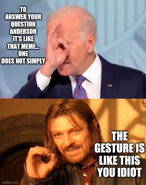Communist news networks marxtard town hall and one of Joe's odd moments | TO ANSWER YOUR QUESTION ANDERSON IT'S LIKE THAT MEME... ONE DOES NOT SIMPLY; THE GESTURE IS LIKE THIS YOU IDIOT | image tagged in memes,one does not simply | made w/ Imgflip meme maker