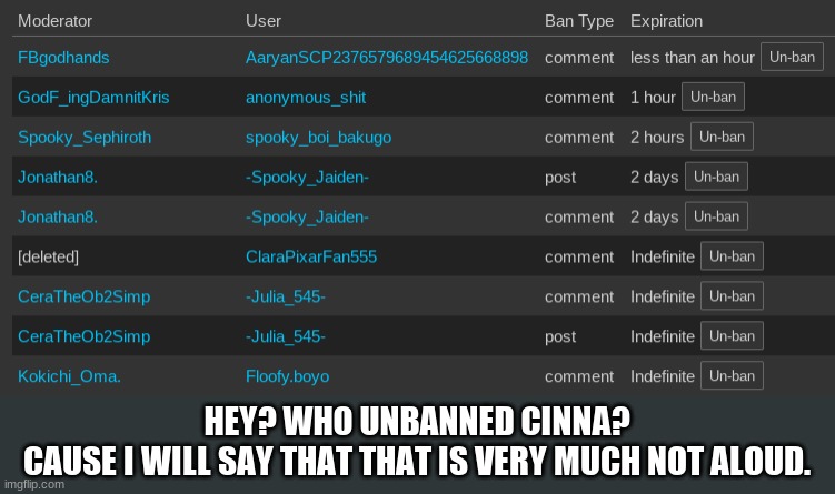 and Im gonna found out who. | HEY? WHO UNBANNED CINNA?
CAUSE I WILL SAY THAT THAT IS VERY MUCH NOT ALOUD. | made w/ Imgflip meme maker