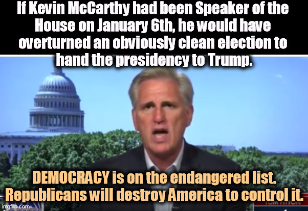 Trump's obedient servant | If Kevin McCarthy had been Speaker of the 
House on January 6th, he would have 
overturned an obviously clean election to 
hand the presidency to Trump. DEMOCRACY is on the endangered list. Republicans will destroy America to control it. | image tagged in kevin mccarthy,republicans,target,destroy,american,democracy | made w/ Imgflip meme maker