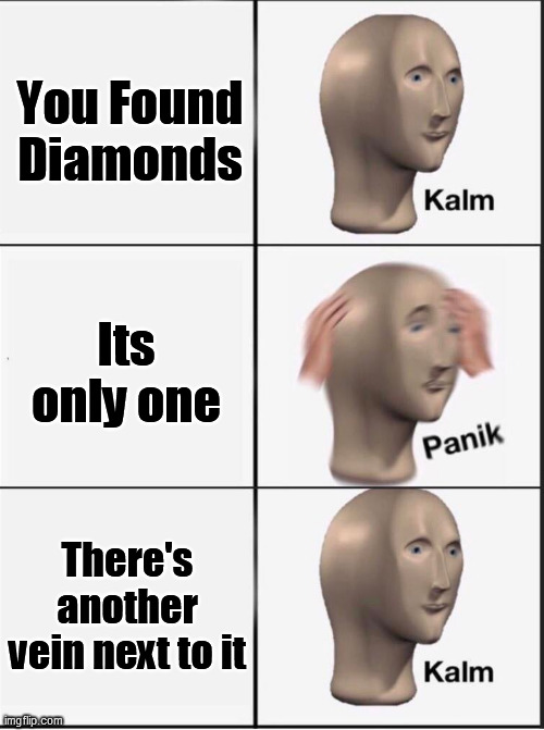 Minecraft Memes | You Found Diamonds; Its only one; There's another vein next to it | image tagged in reverse kalm panik,funny memes,memes,minecraft | made w/ Imgflip meme maker