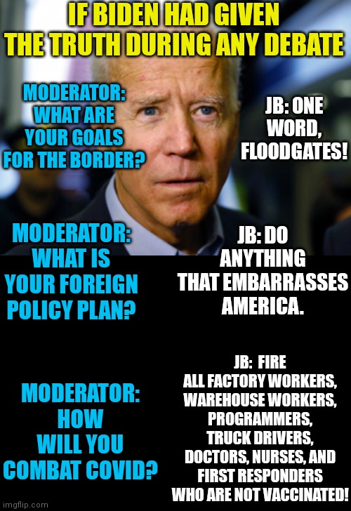 Now voters know what that saying meant: fool me once shame on you, fool me twice shame on me | IF BIDEN HAD GIVEN THE TRUTH DURING ANY DEBATE; MODERATOR: WHAT ARE YOUR GOALS FOR THE BORDER? JB: ONE WORD, FLOODGATES! MODERATOR: WHAT IS YOUR FOREIGN POLICY PLAN? JB: DO ANYTHING THAT EMBARRASSES AMERICA. JB:  FIRE ALL FACTORY WORKERS, WAREHOUSE WORKERS, PROGRAMMERS, TRUCK DRIVERS, DOCTORS, NURSES, AND FIRST RESPONDERS WHO ARE NOT VACCINATED! MODERATOR: HOW WILL YOU COMBAT COVID? | image tagged in joe biden confused,task failed successfully,liberal logic,biased media,media lies | made w/ Imgflip meme maker